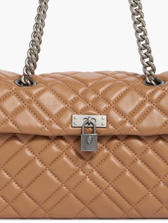 Kurt Geiger Handbags - Kurt Geiger Brixton Diamond Camel Quilted Leather Shoulder Bag with Silver Chain